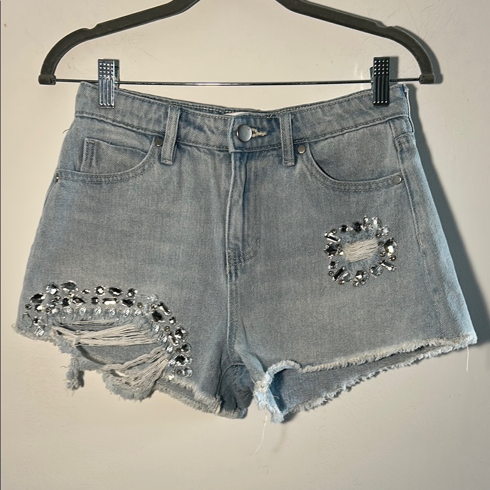 PTCL, Woman’s Size 27 Trendy Rhinestone Design Light Blue Denim Shorts
